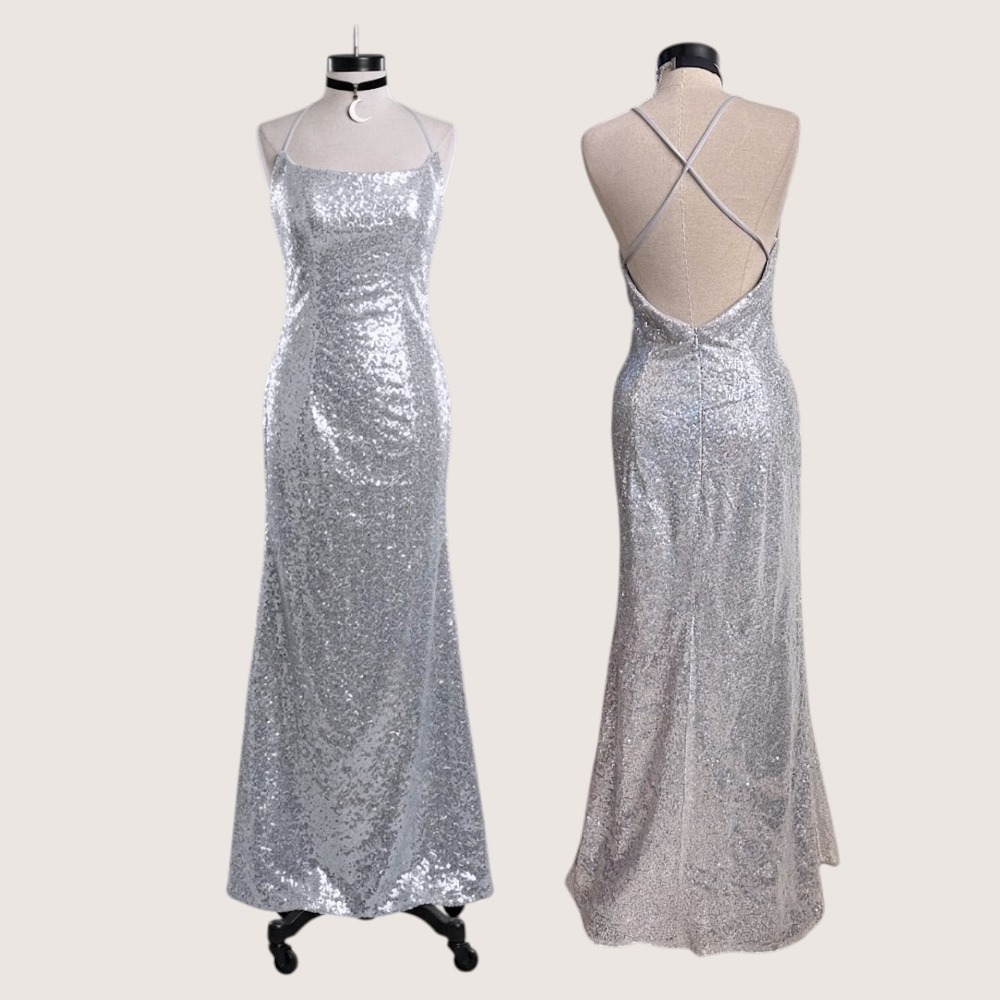 Silver Sequin Formal Gown Open Back Crisscross Straps Maxi Dress Size 6